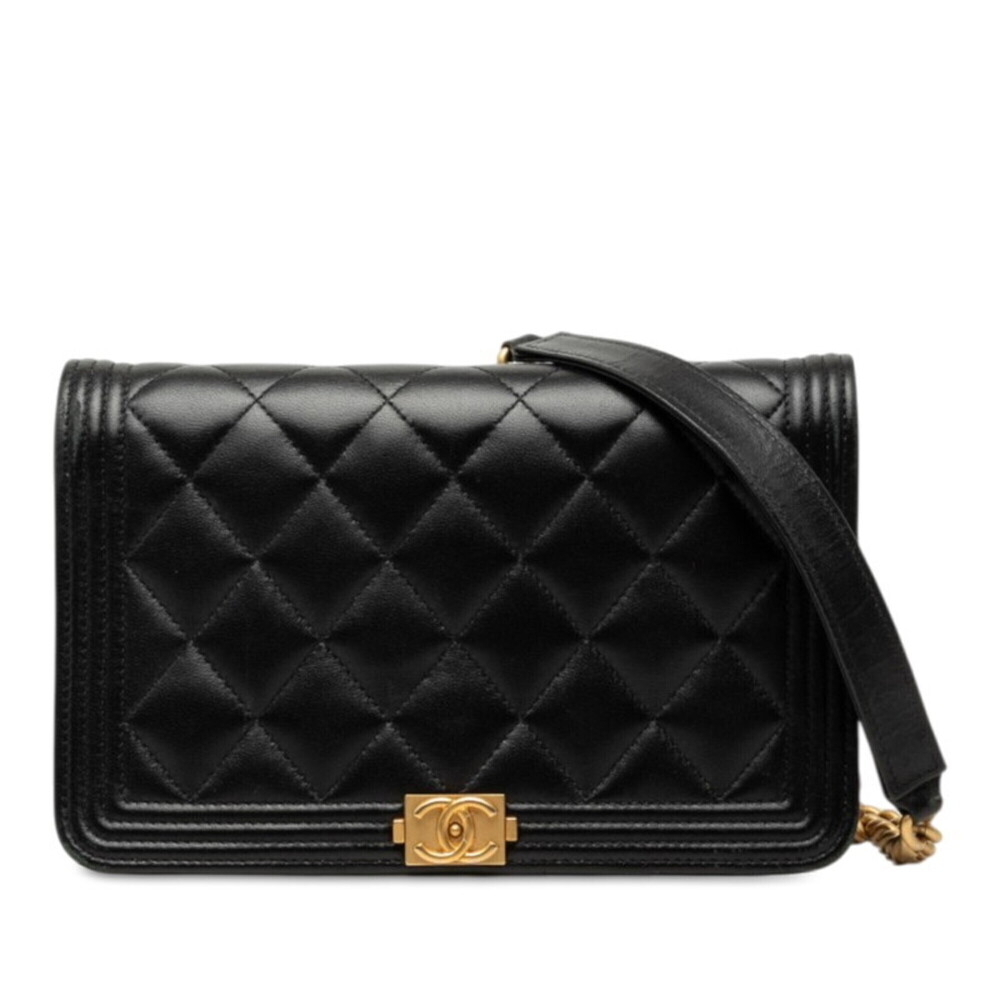 Chanel Coco Mark Boy Chain Wallet Shoulder Bag Black Lambskin Women's CHANEL